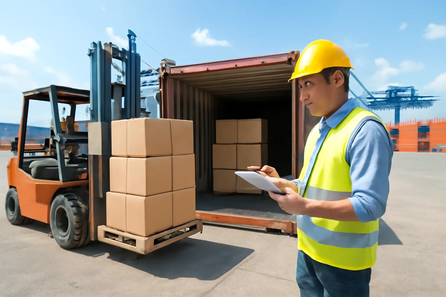 Nhân viên kiểm tra kiện hàng trước khi đóng container ở bãi cảng