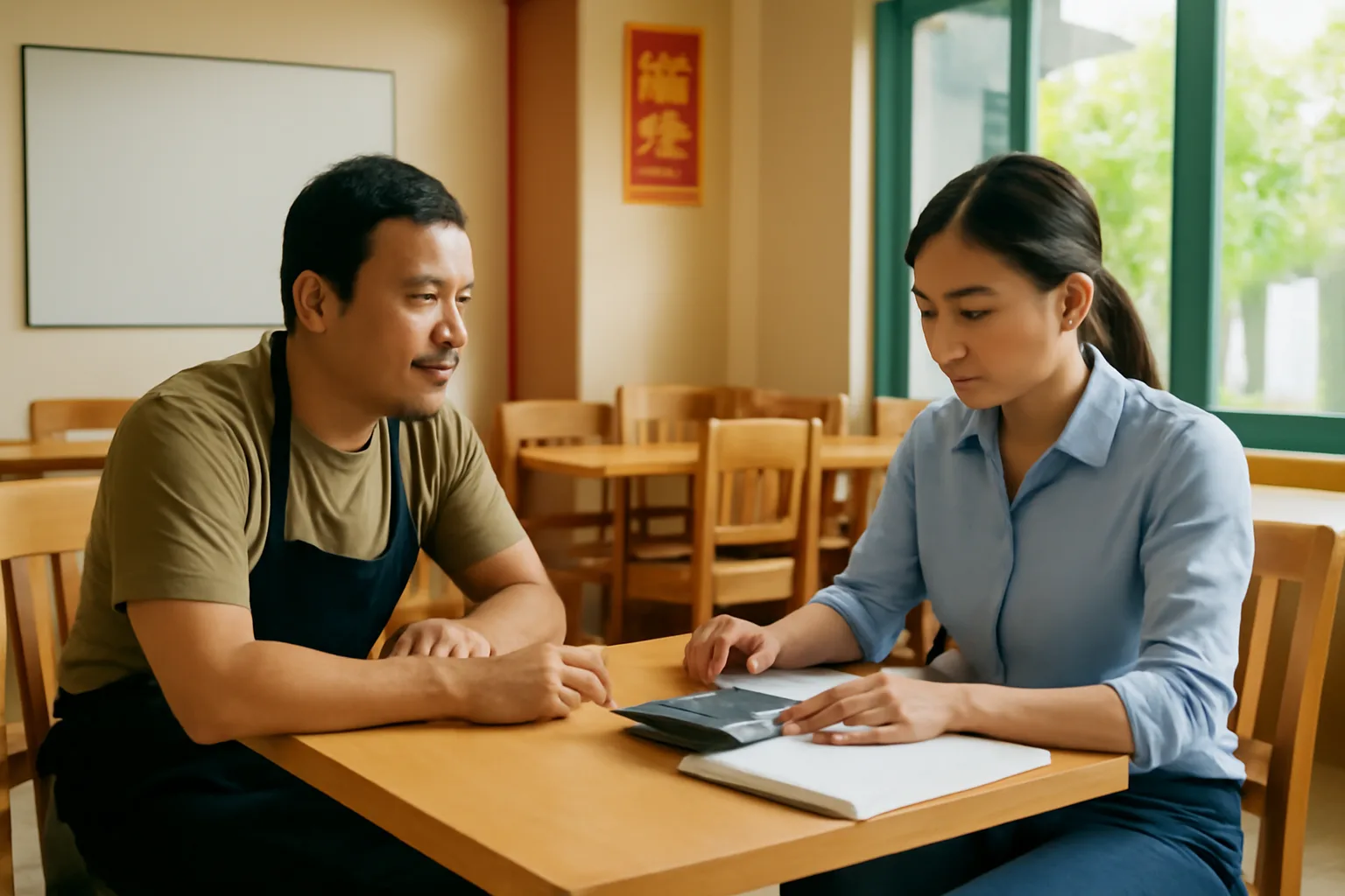 Chủ doanh nghiệp và kế toán ngồi đối diện, trước mặt là bảng tính và máy tính bỏ túi
