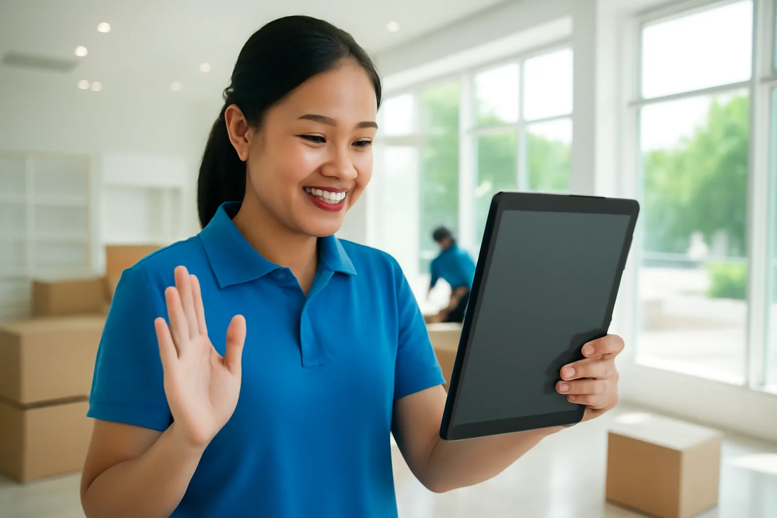 Quản lý chi nhánh mới gọi video với kế toán trụ sở trong cửa hàng vừa khai trương