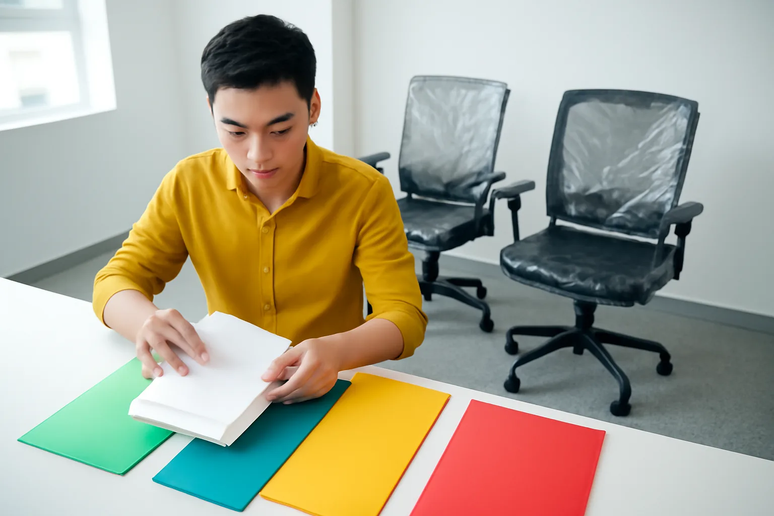 Người sáng lập kẹp hoá đơn mua sắm vào bìa hồ sơ tại bàn làm việc mới