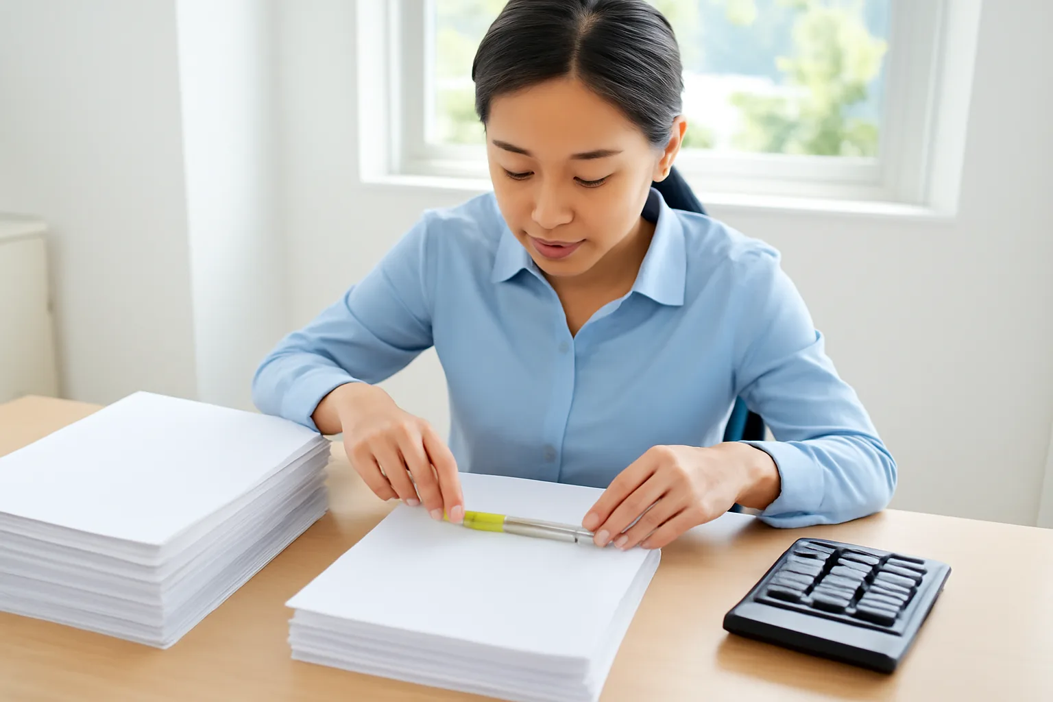 Kế toán trưởng đối chiếu báo cáo tài chính với danh sách lao động trên bàn