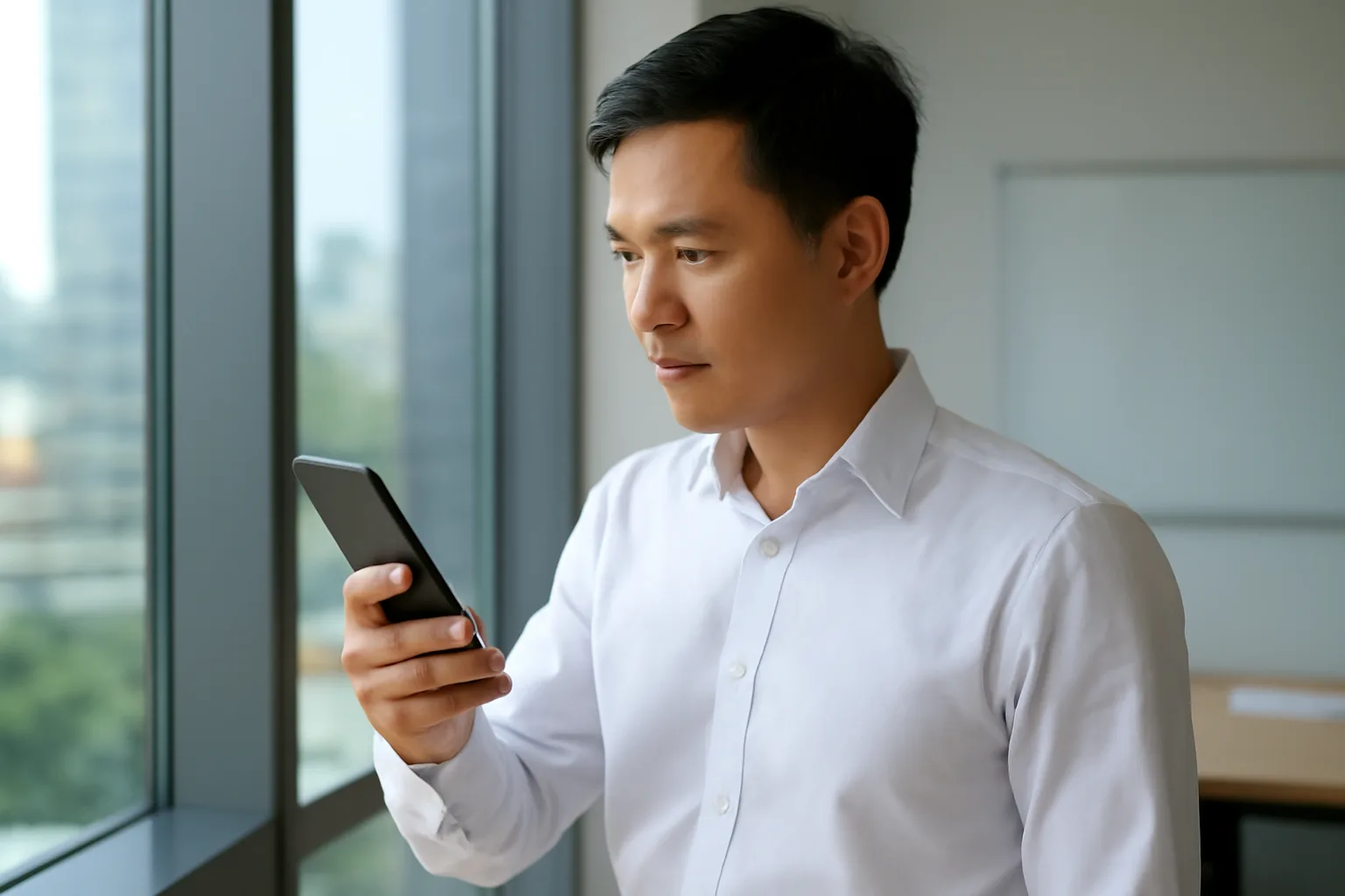 Kế toán dùng điện thoại xác nhận giao dịch bên cửa sổ văn phòng buổi chiều