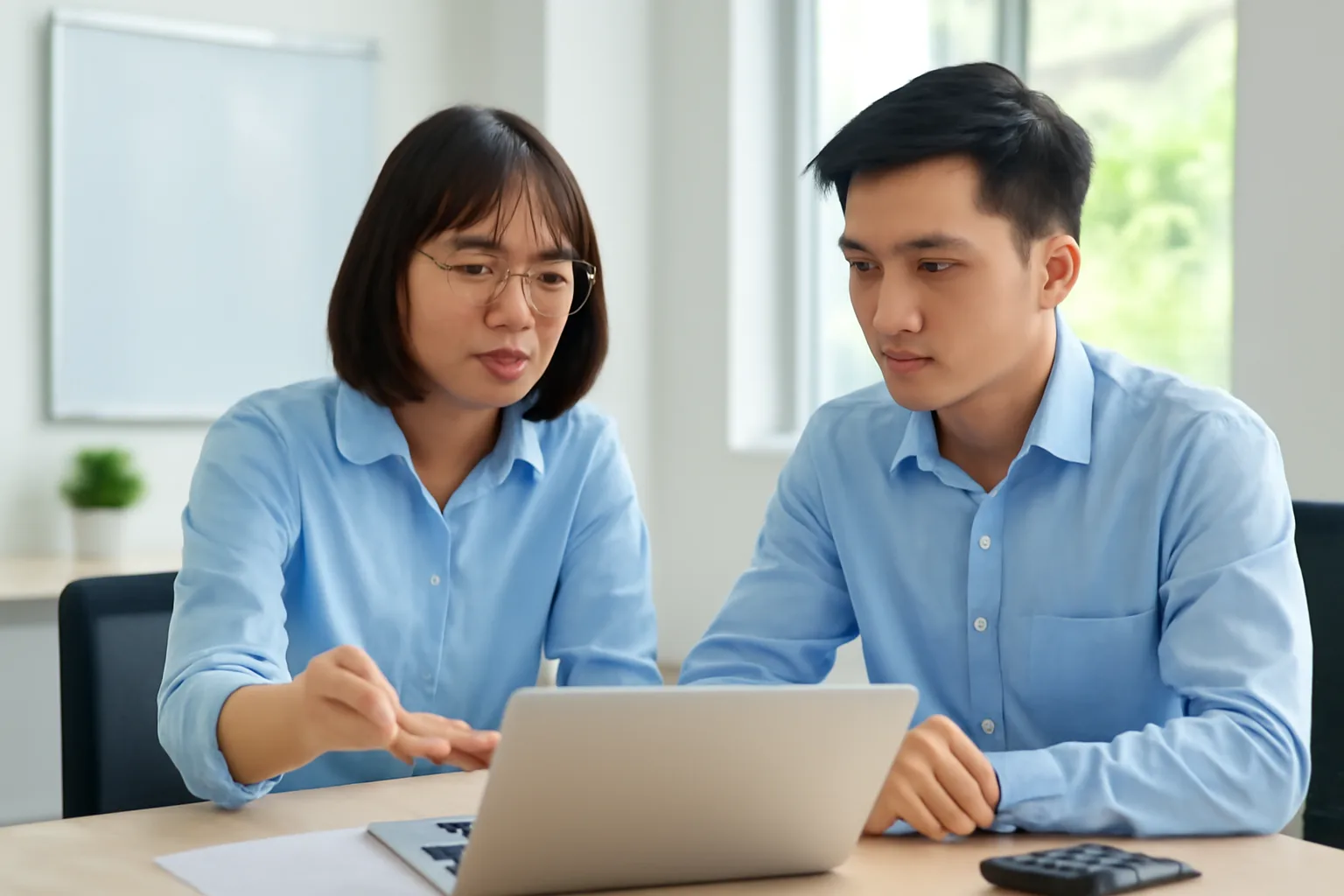Kế toán lương giải thích bảng tính cho một nhân viên trong phòng làm việc nhỏ