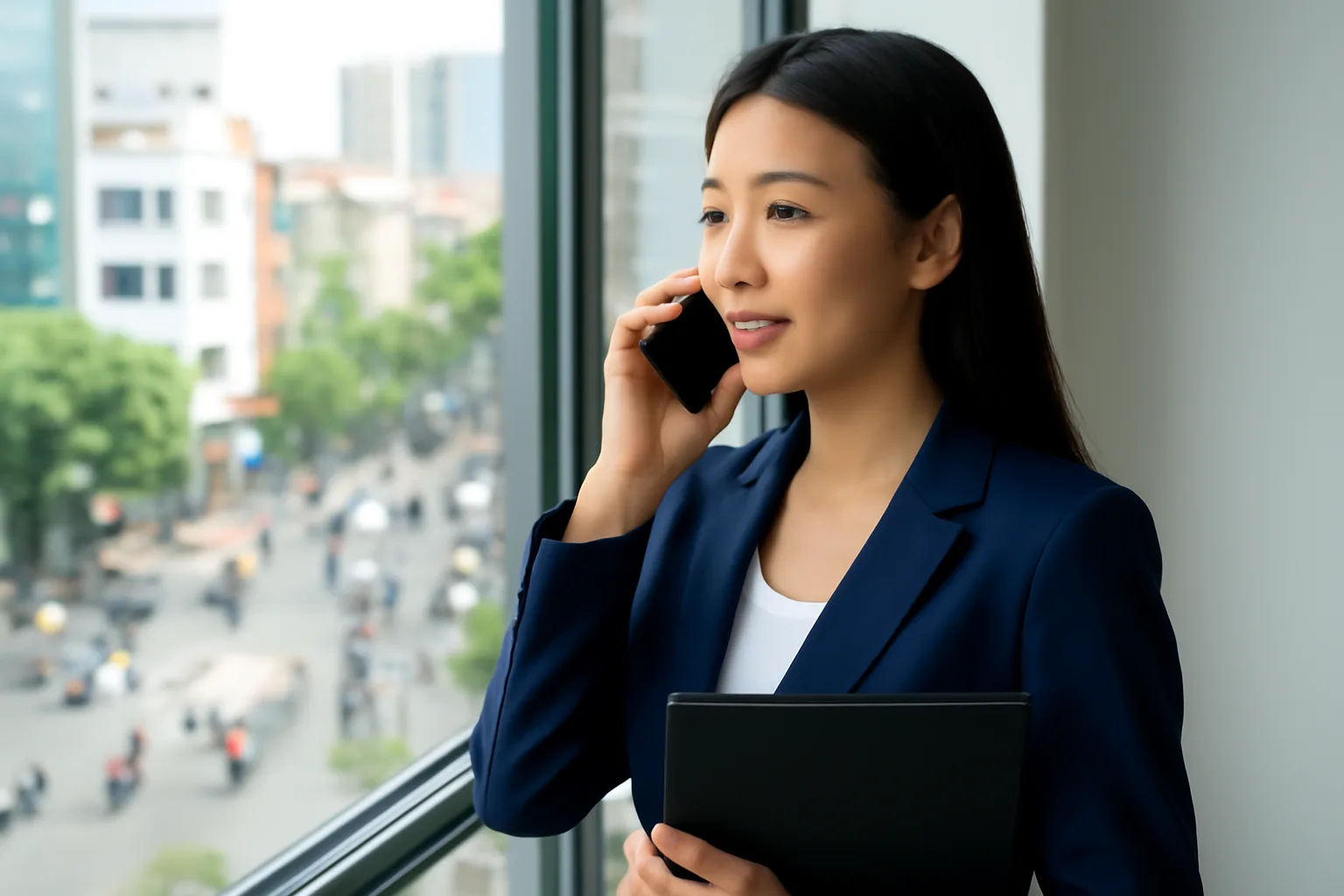 Chủ doanh nghiệp gọi điện bên cửa sổ, tay cầm bìa hồ sơ, vẻ tập trung