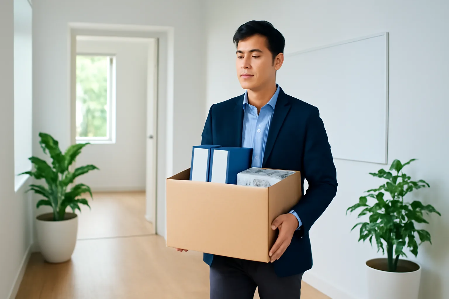 Giám đốc trẻ mang thùng tài liệu vào văn phòng mới vừa chuyển đến