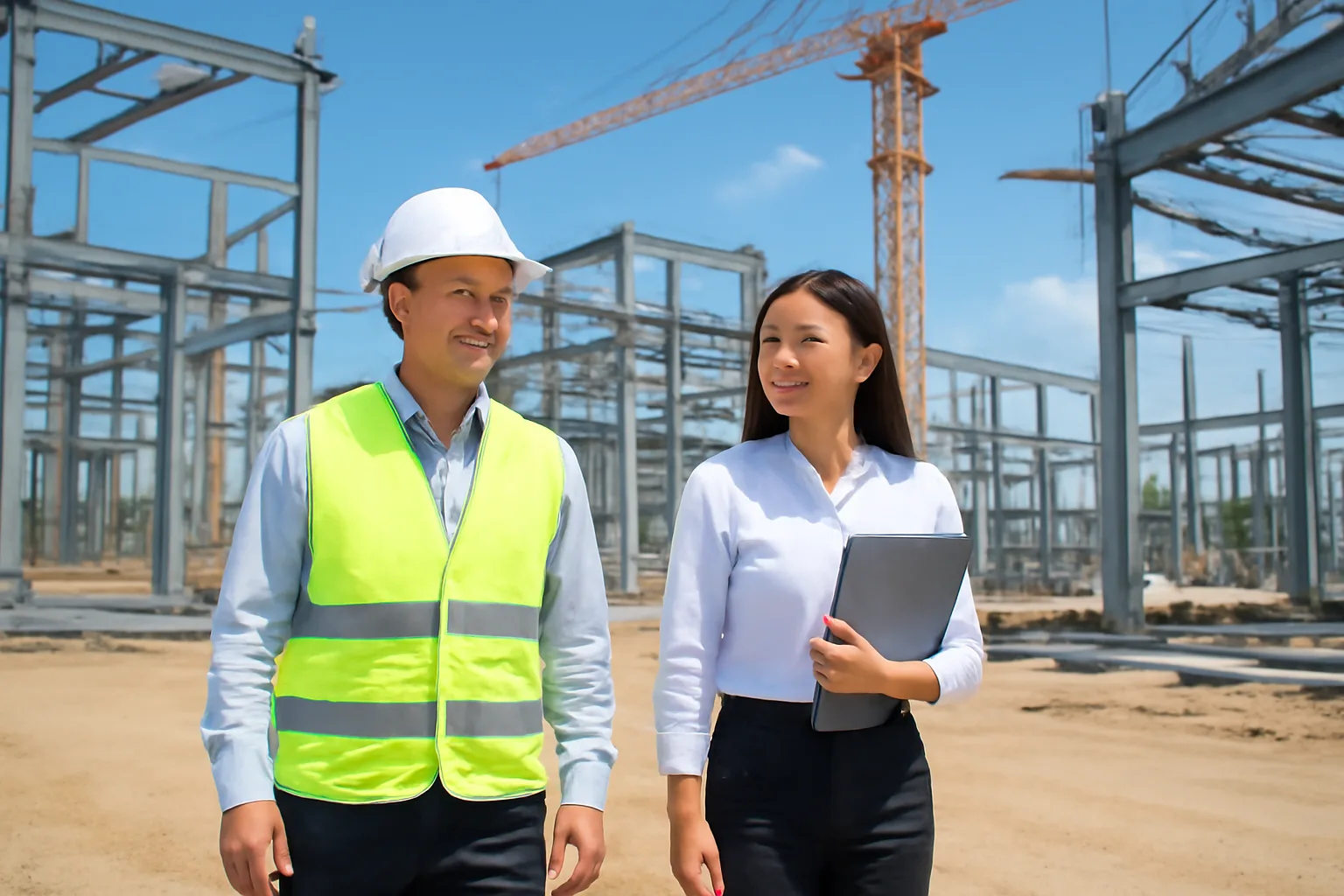 Kỹ sư và kế toán dự án đi kiểm tra công trường nhà xưởng đang dựng khung thép