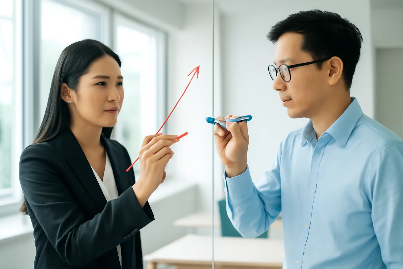 Giám đốc và kế toán trưởng xem kế hoạch trên bảng kính trong phòng họp