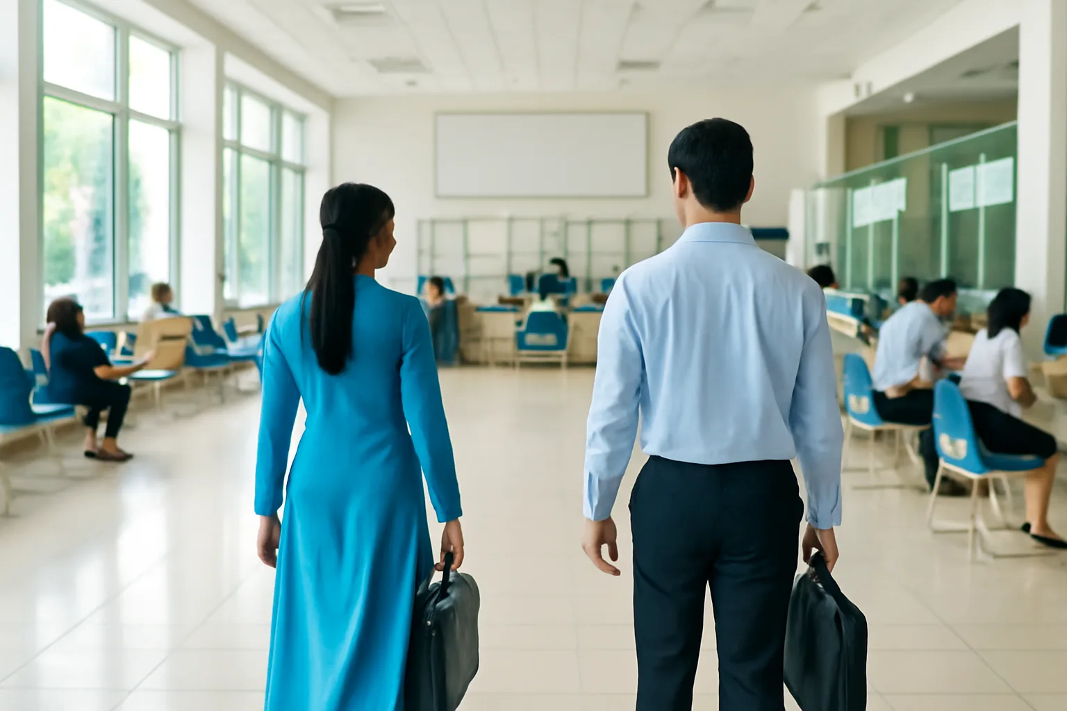 Hai người mang cặp tài liệu bước vào sảnh cơ quan nhà nước sáng sủa