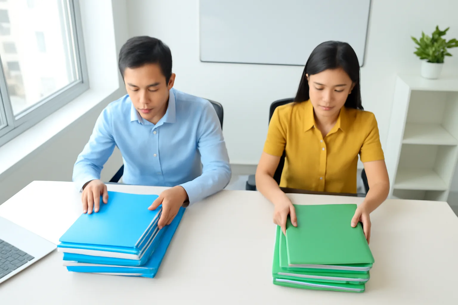 Hai đồng nghiệp chia hai chồng hồ sơ riêng biệt trên bàn làm việc