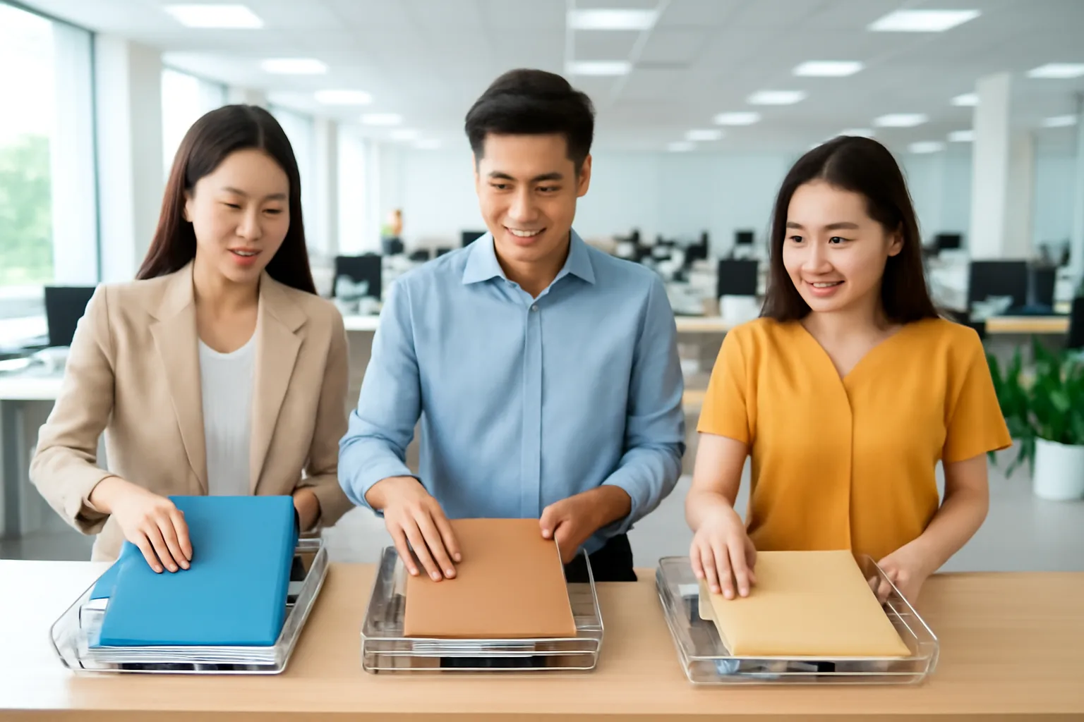Nhân viên các phòng ban đặt tài liệu vào khay chung tại bàn tiếp nhận của phòng kế toán