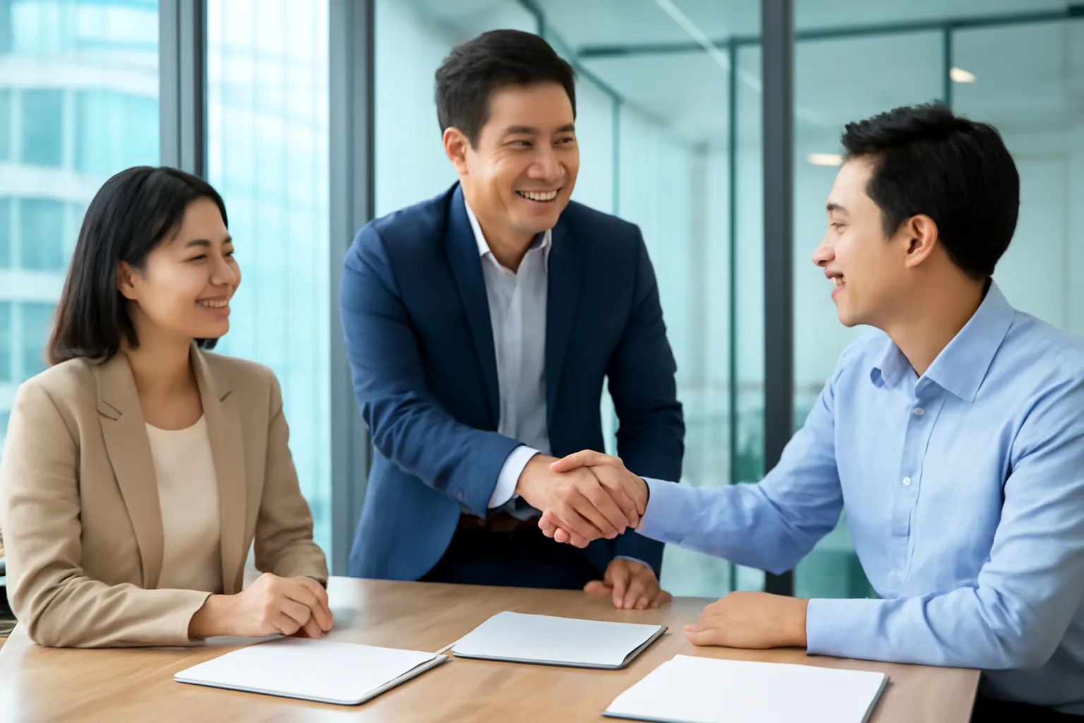 Ba thành viên góp vốn cùng xem hồ sơ bên bàn họp nhỏ sáng sủa