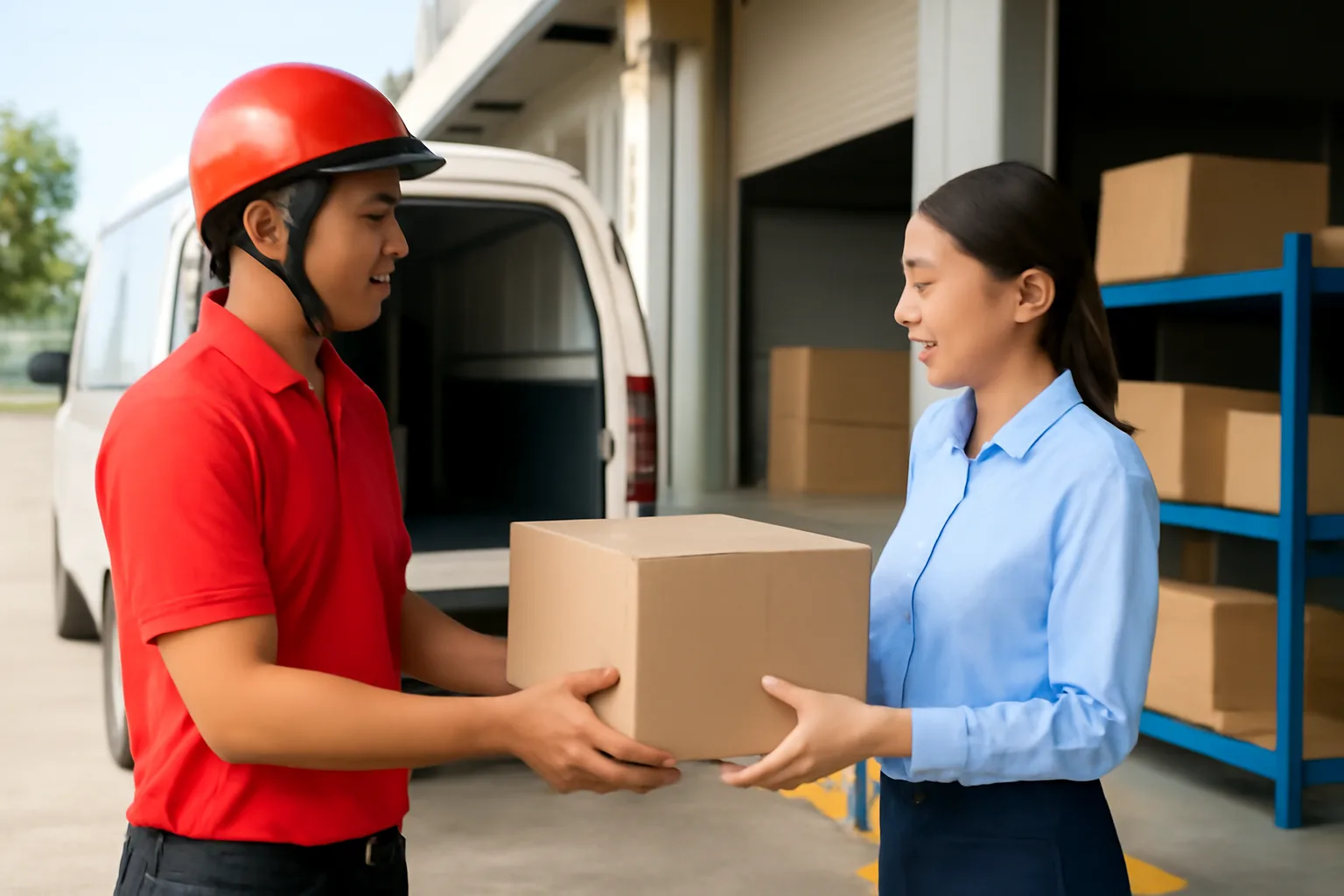 Nhân viên kho nhận lại thùng hàng từ tài xế giao hàng tại cửa kho