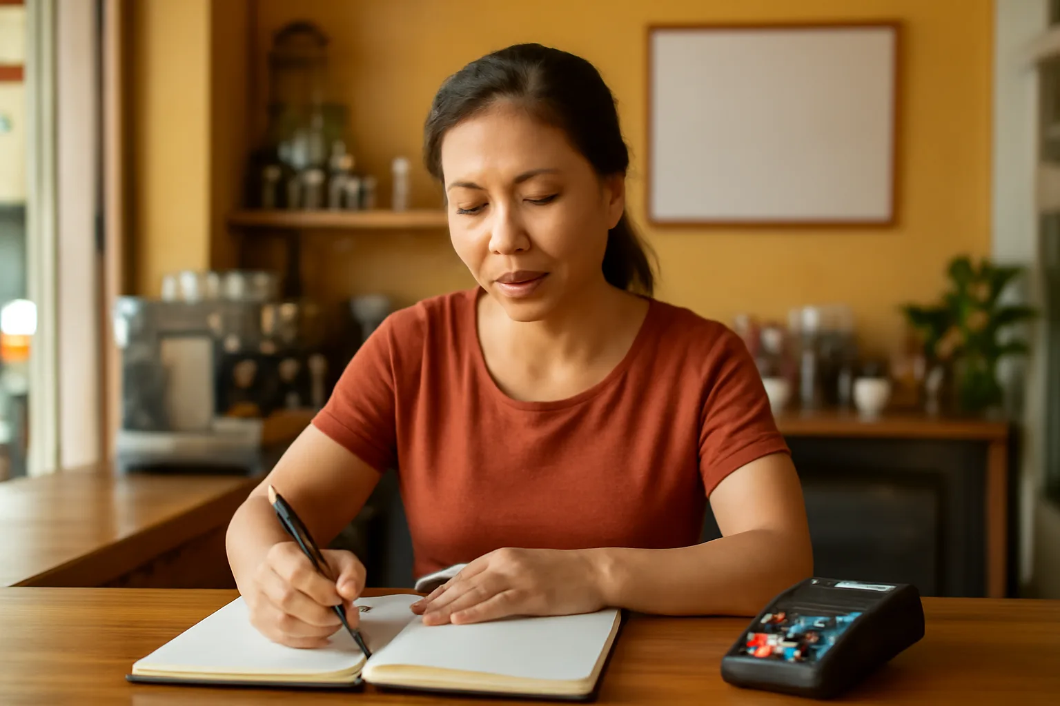 Chủ quán cà phê nhỏ ghi sổ bán hàng cuối ngày bên quầy