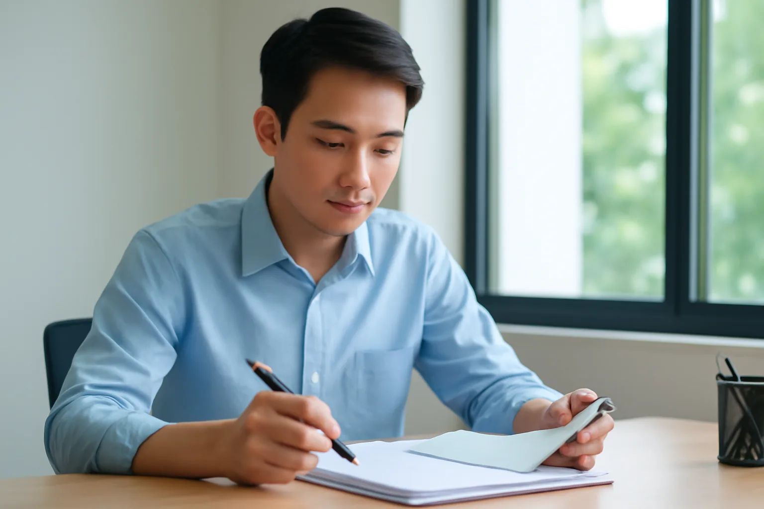 Nhân viên kiểm lại từng trang hồ sơ bên bàn làm việc gần cửa sổ