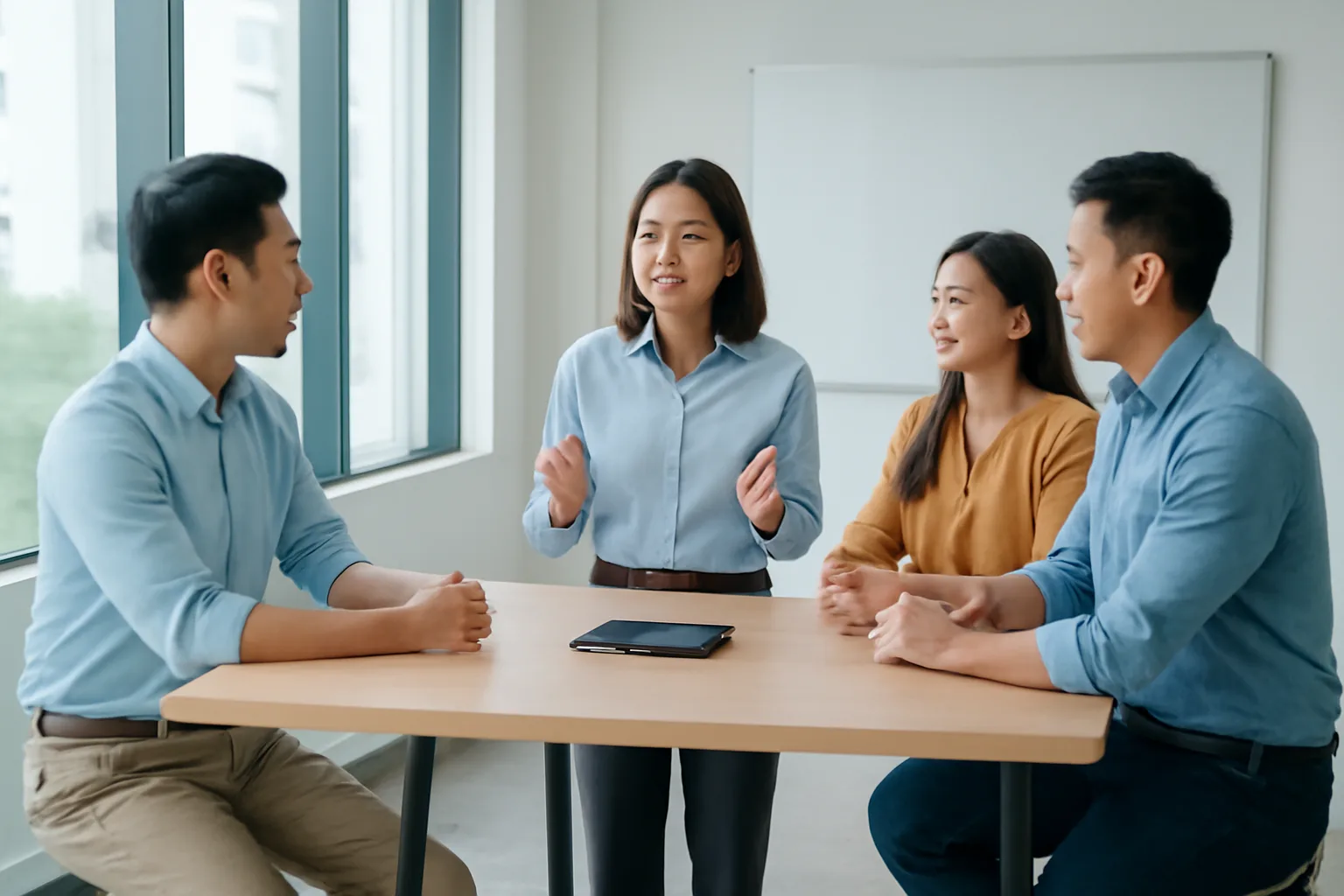 Trưởng phòng kế toán họp nhanh với nhóm nhỏ quanh bàn đứng trong văn phòng