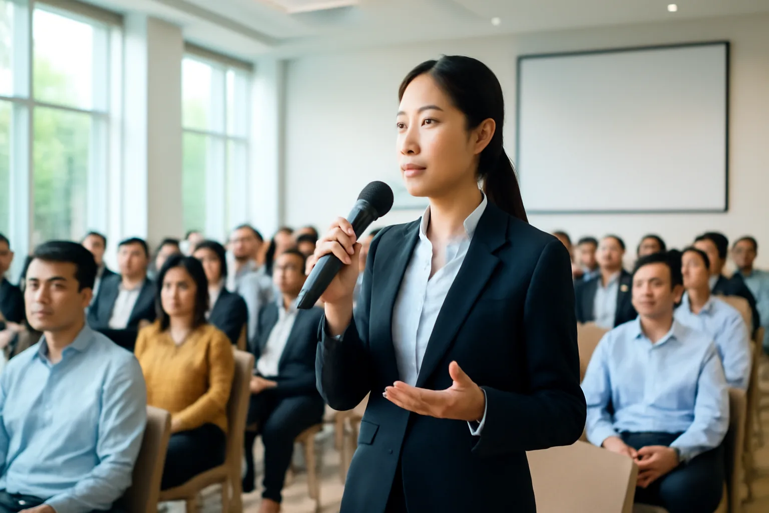 Nữ doanh nhân đứng hỏi tại hội trường đối thoại với micro cầm tay