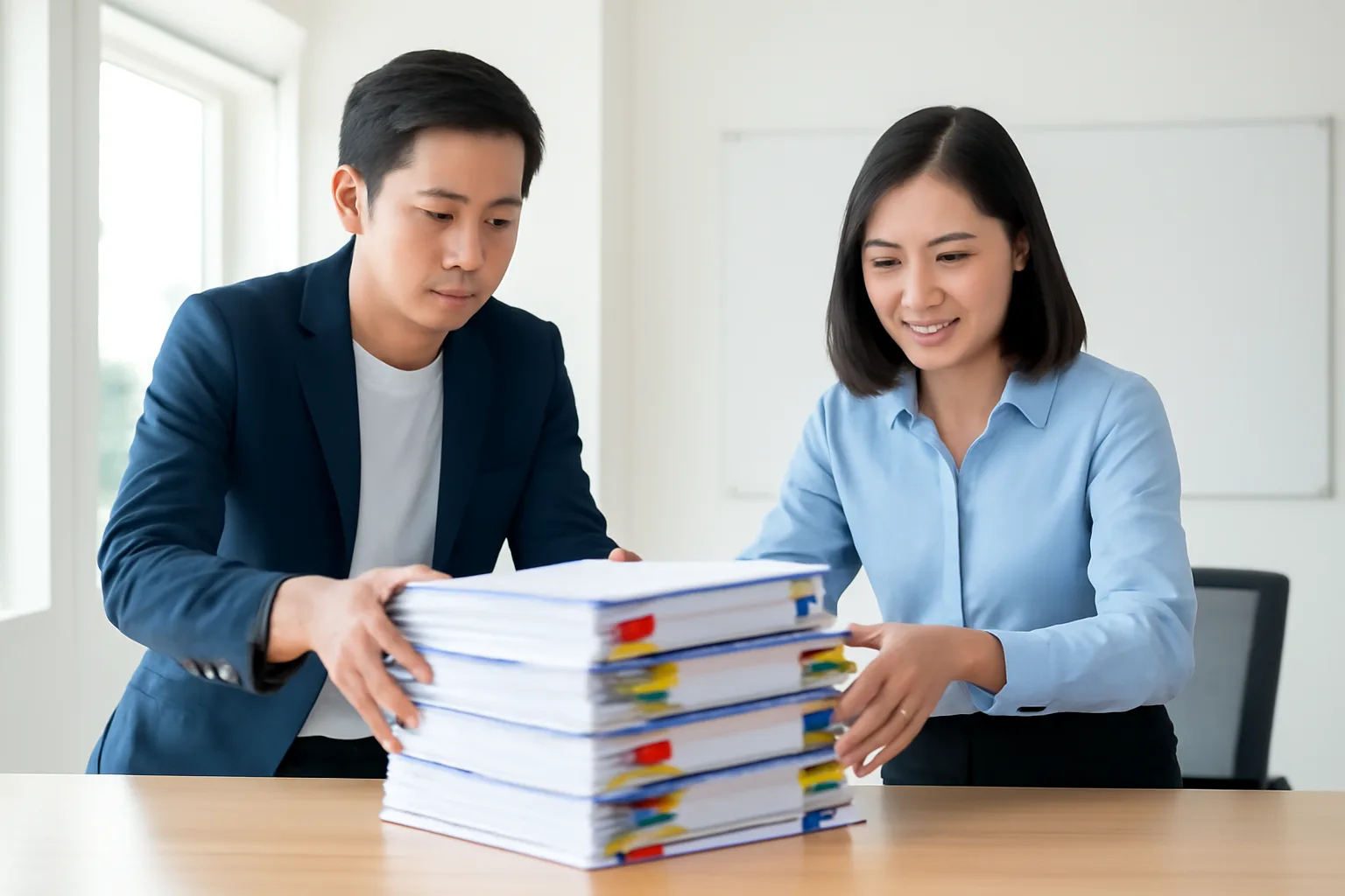 Giám đốc và kế toán trưởng chuẩn bị bộ hồ sơ giải trình dày trên bàn