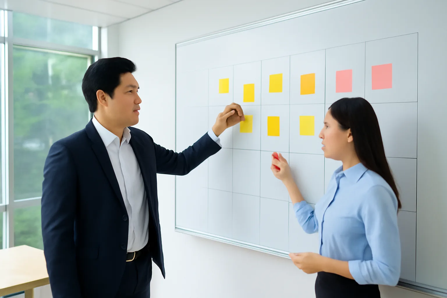 Giám đốc và kế toán đứng trước bảng trắng chia mười hai cột, dán giấy màu theo từng tháng
