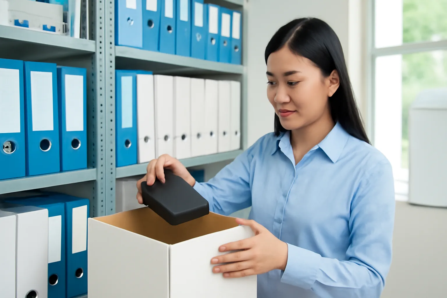 Nhân viên hành chính sắp xếp ổ cứng và thư mục trên kệ lưu trữ