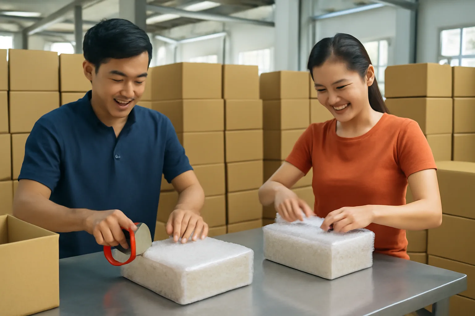 Nhân viên đóng gói đơn hàng trực tuyến trong kho nhỏ sáng sủa