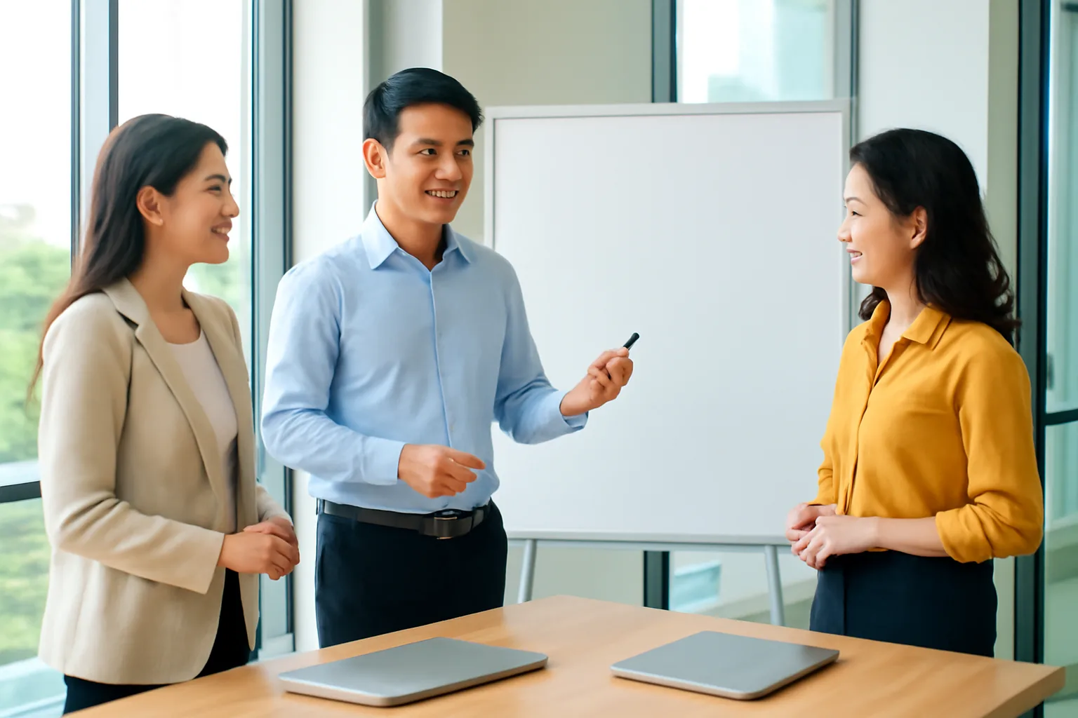 Nhóm kế toán thảo luận bên bảng trắng trống trong phòng họp sáng