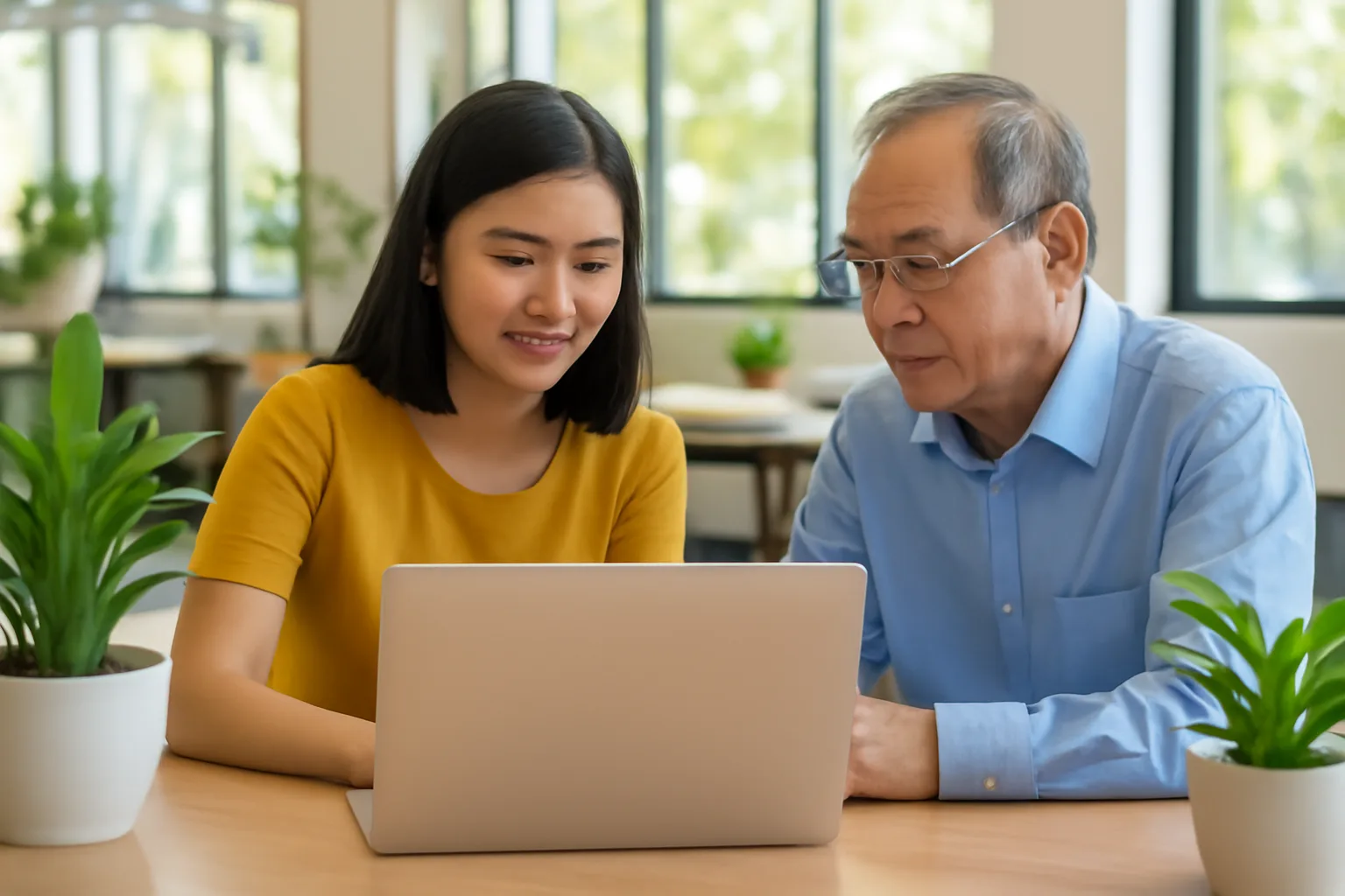 Nữ giám đốc trẻ và kế toán cùng rà bảng kiểm bên bàn làm việc nhiều ánh sáng