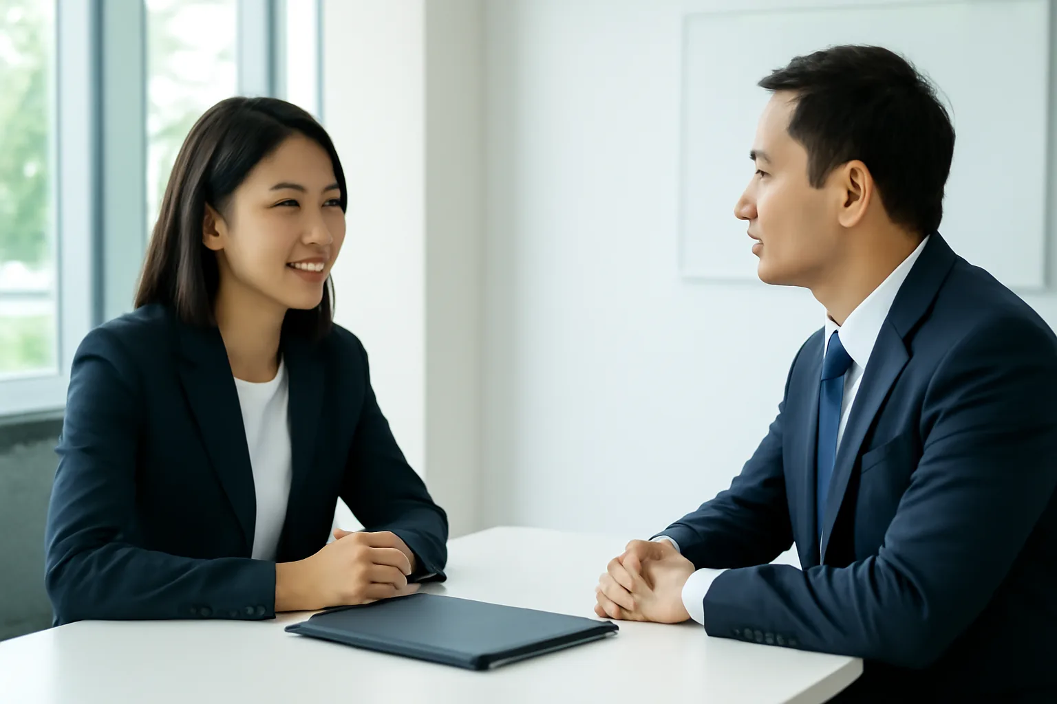 Chủ doanh nghiệp và cán bộ ngân hàng trao đổi bên bàn giao dịch sáng sủa