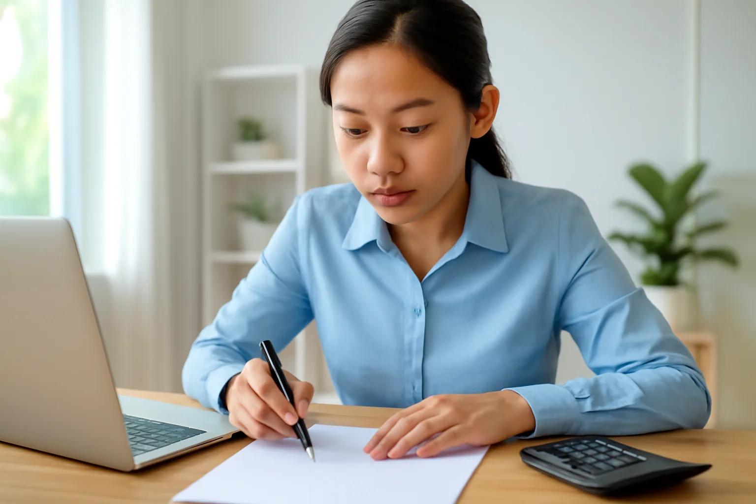 Kế toán dừng lại, dùng bút chỉ vào một dòng trên tập giấy đặt cạnh máy tính xách tay