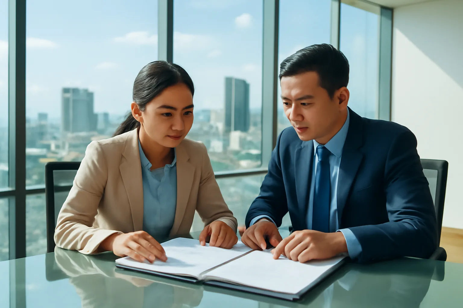 Kế toán trưởng và giám đốc tài chính cùng xem hai tập báo cáo trên bàn họp