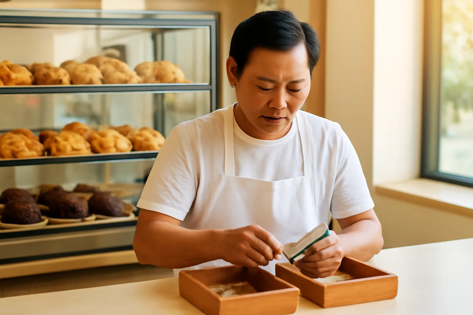 Chủ cửa hàng chia tiền vào hai chiếc hộp gỗ trên bàn quầy trong buổi chiều