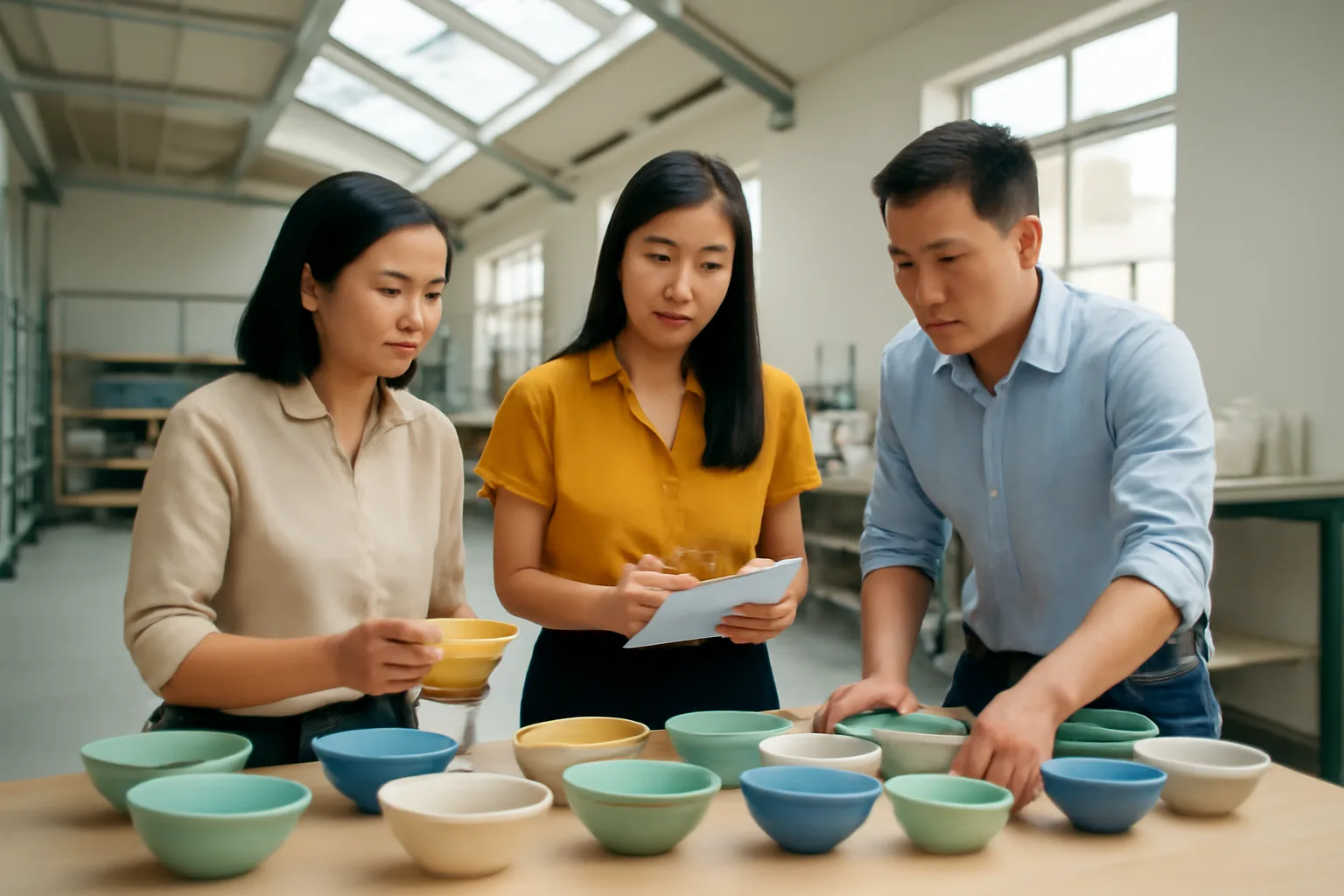Nhóm quản lý bàn kế hoạch mở dòng sản phẩm mới quanh mẫu hàng trên bàn