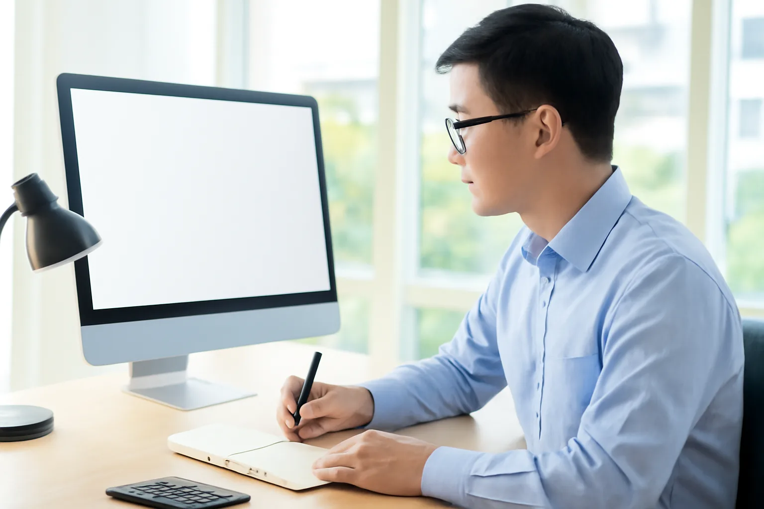 Kế toán đọc thông báo trên máy tính và ghi chú vào sổ tay