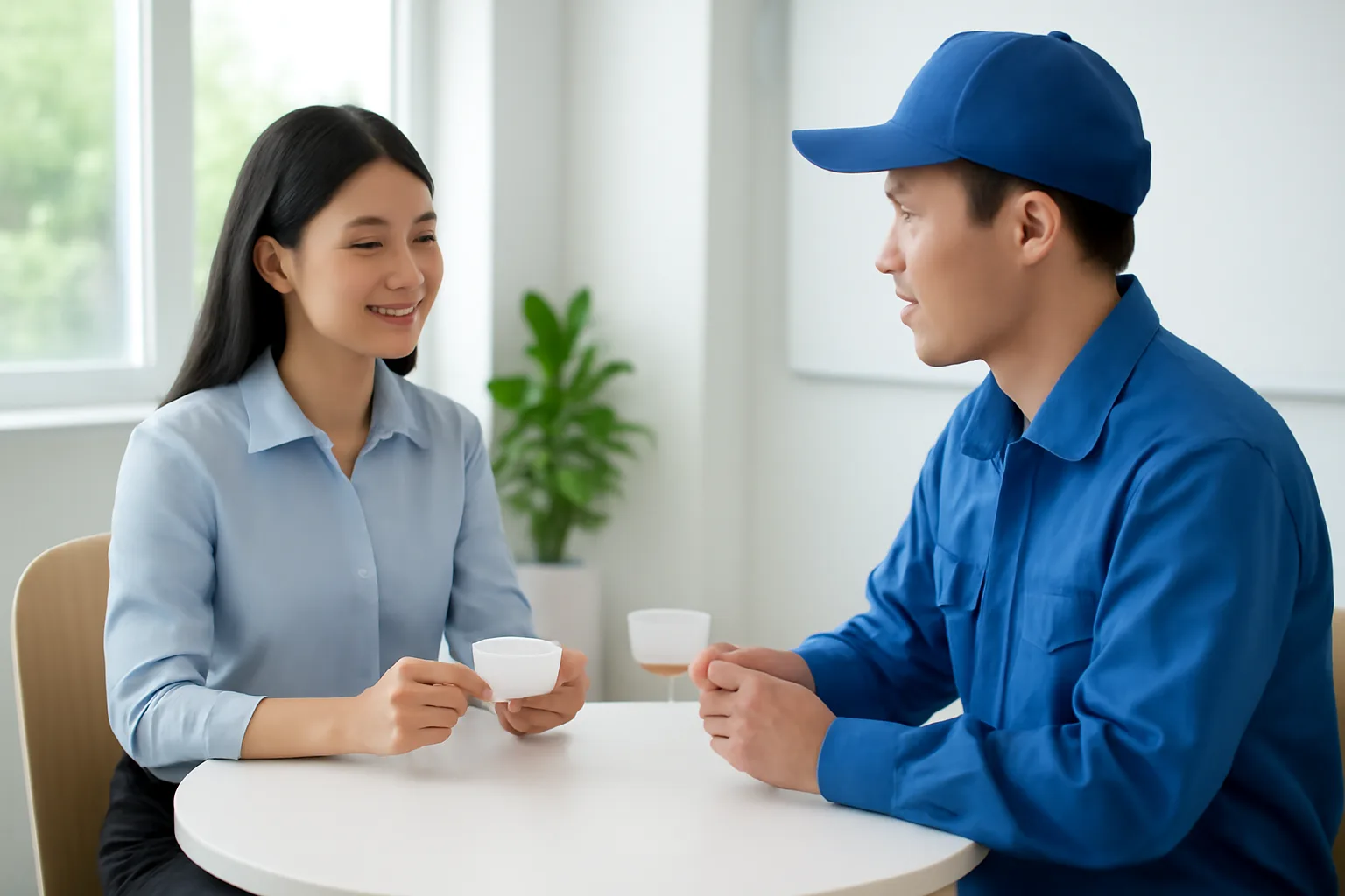 Nhân viên nhân sự đối chiếu danh sách với từng người lao động trong phòng họp nhỏ