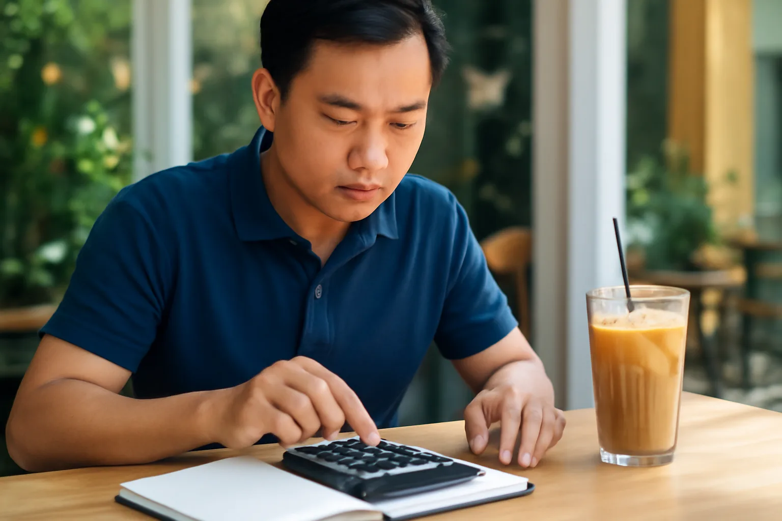 Chủ doanh nghiệp bấm máy tính bỏ túi bên sổ tay trên bàn cà phê buổi sáng