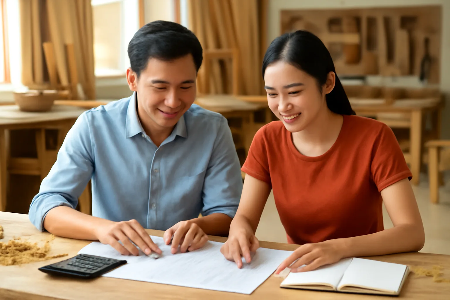 Hai vợ chồng chủ xưởng nhỏ cùng bàn kế hoạch tài chính bên bàn gỗ