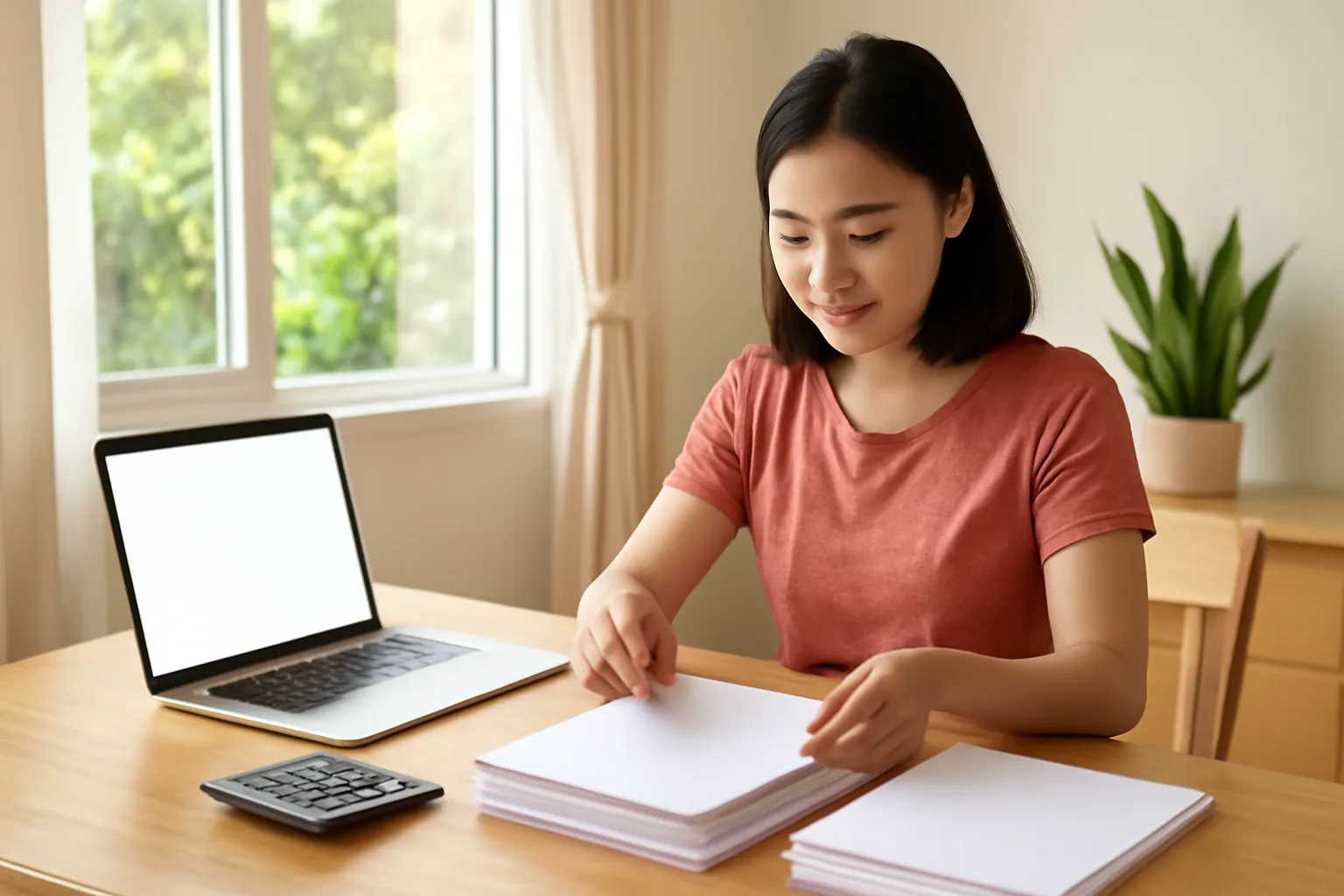 Người phụ nữ trẻ ngồi bàn ăn ở nhà sắp xếp giấy tờ trước khi quyết toán