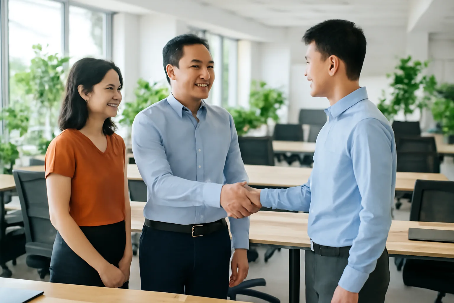 Trưởng nhóm đón nhân viên mới tại bàn làm việc trong văn phòng mở