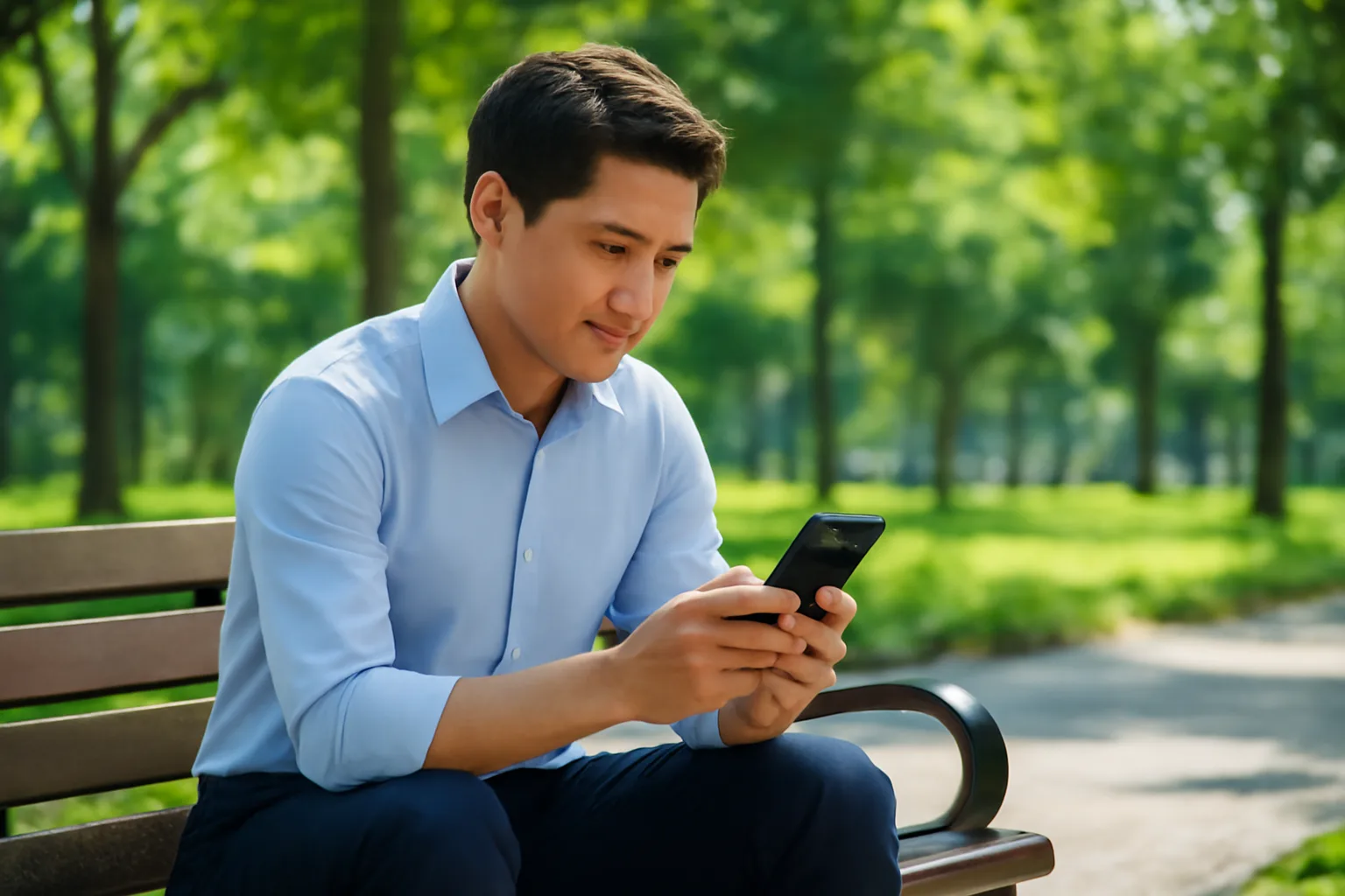 Người đàn ông ngồi ghế đá công viên thao tác điện thoại úp nghiêng